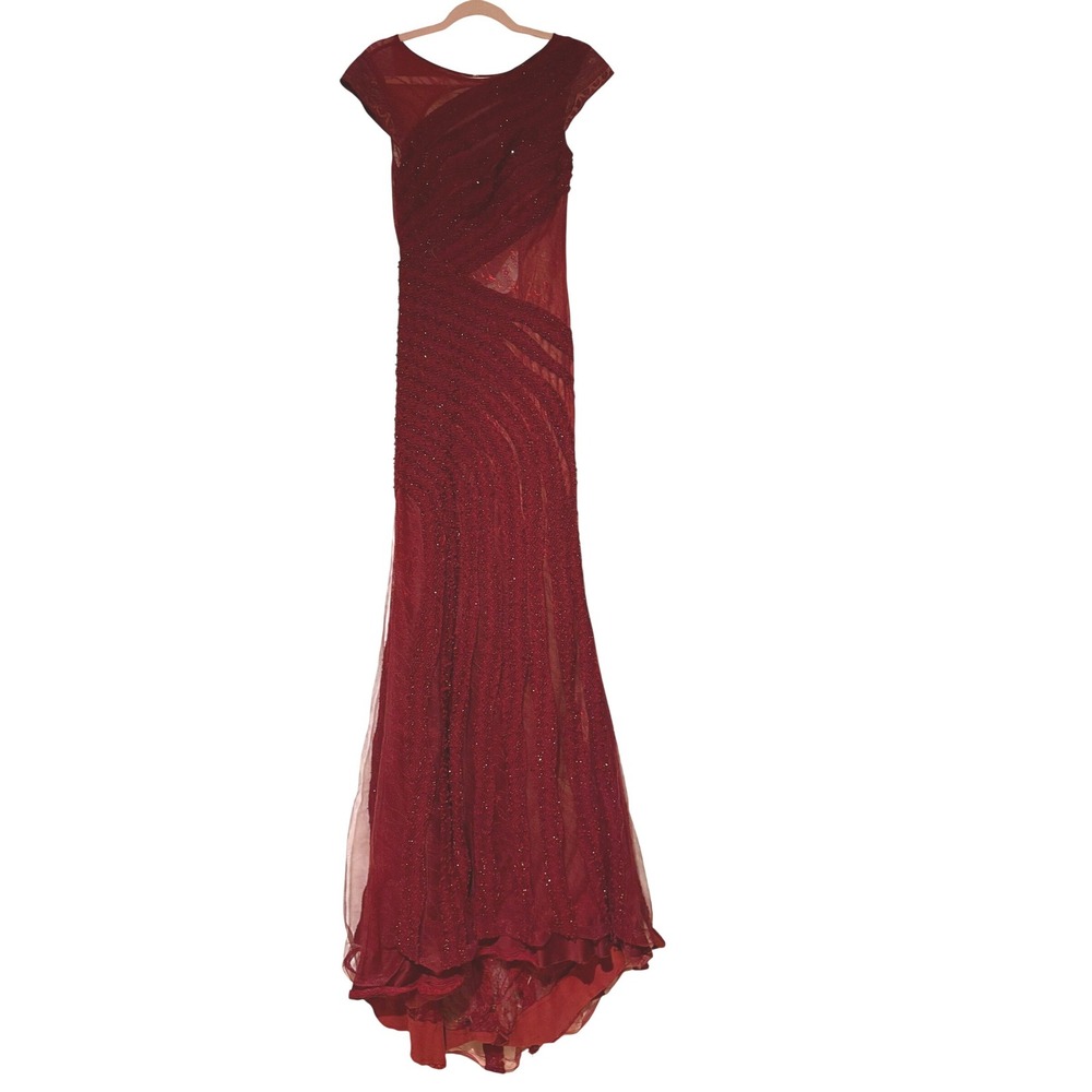 Azzure Couture Burgundy Beaded Lace Open Back Mermaid Evening Gown Dress 6